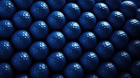 3d rendering of blue golf balls in a row isolated on black backgroundの素材
