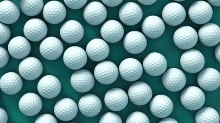 White golf balls on green background. Seamless pattern. 3D renderingの素材