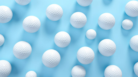 Many white golf balls on blue background. 3D rendering illustration.の素材