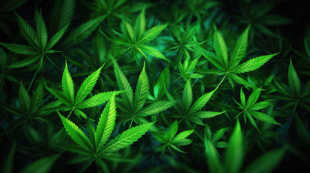 Marijuana leaves background. Cannabis leaf. Green background of cannabis.の素材
