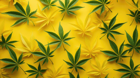 Cannabis leaves pattern on yellow background. Top view. Flat layの素材