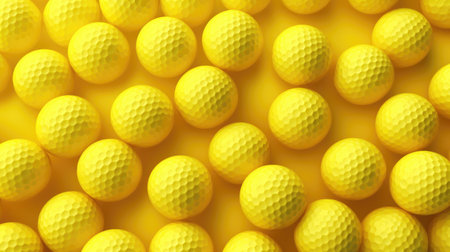 Yellow golf balls pattern on yellow background. Top view. Flat layの素材