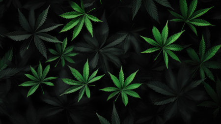 Cannabis leaves background. Top view of cannabis leaves on dark backgroundの素材