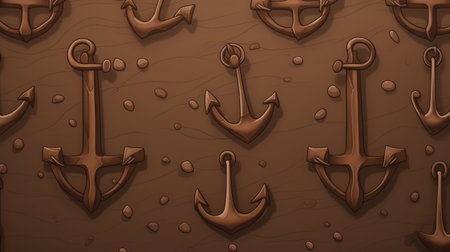 Seamless pattern with anchors on a brown background. 3d illustrationの素材