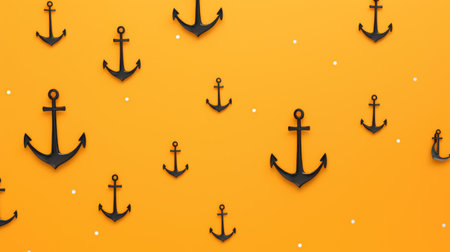 Black anchors pattern on yellow background. Flat lay, top view.の素材