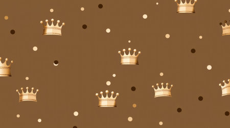 Seamless pattern with golden crowns and dots on brown backgroundの素材