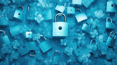 3D rendering of a group of padlocks on a blue backgroundの素材