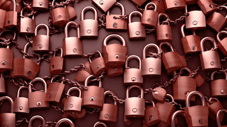 Many padlocks on a chain on a dark background. 3d renderingの素材
