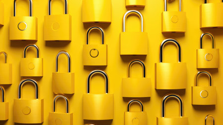 Yellow closed padlocks on a yellow background. 3d rendering.の素材