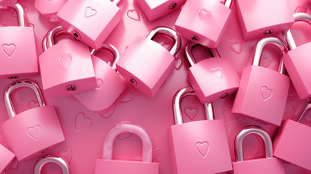 Pink padlock with hearts on a pink background. 3d renderingの素材