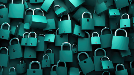 3d rendering of a lot of closed padlocks in green backgroundの素材