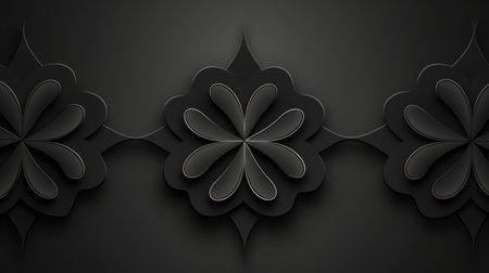 3d illustration, black paper cut flowers on a black background.の素材