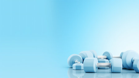 Blue dumbbells on blue background. 3d render illustration.の素材