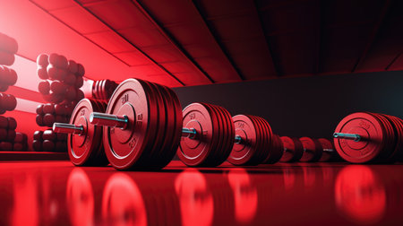 Dumbbells in a row on a red background. 3d renderingの素材