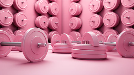 Pink dumbbells on pink wall background. 3d render illustrationの素材
