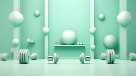 3d rendering of a green room with a bench, dumbbells and ballsの素材
