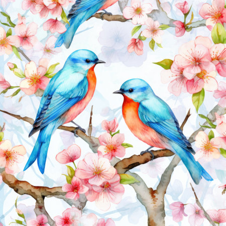 Watercolor sakura flowers and birds on branch. Seamless patternの素材
