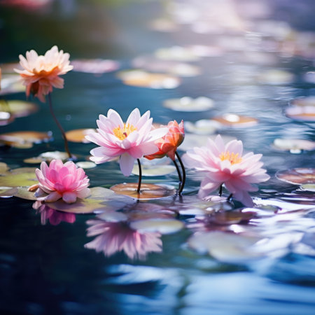Beautiful pink water lily or lotus flower in pond.の素材
