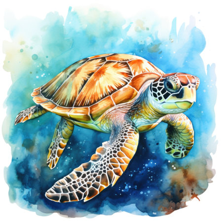 Watercolor illustration of a sea turtle on a watercolor background.の素材
