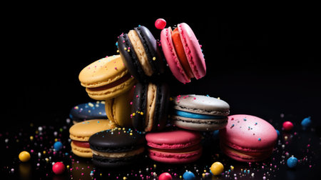Colorful macaroons on a black background. Close-up.の素材
