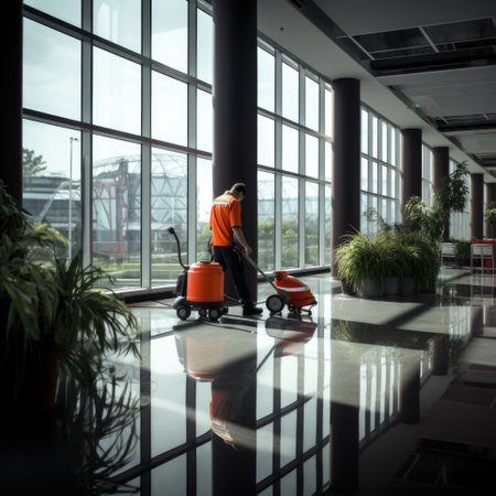 Man in orange t-shirt with vacuum cleaner in modern office.の素材