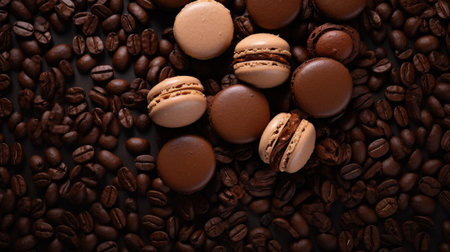 Macaroons and coffee beans on a dark background. Top view.の素材