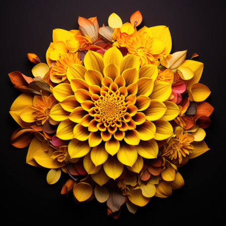 Dahlia flower on black background. Top view. Flat lay.の素材