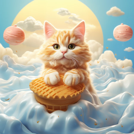 Cute ginger cat is sitting on a waffle in the clouds.の素材
