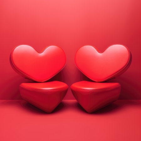 Two red leather hearts on a red background. 3d render.の素材
