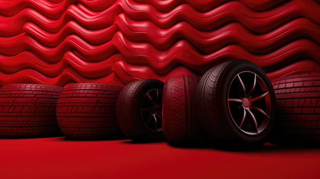 Car tires on a red background. 3d illustration. Abstract background.の素材