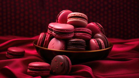 French macarons on red silk background. Selective focus.の素材