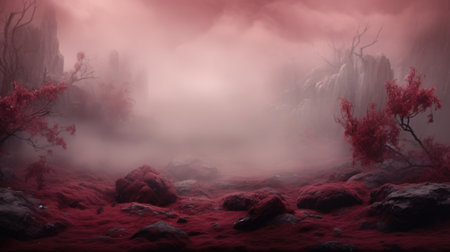 Fantasy landscape with red forest and fog. 3D illustration.の素材