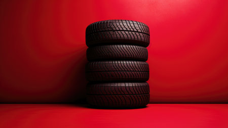 Tire stack on red background. 3D illustration. Copy space.の素材