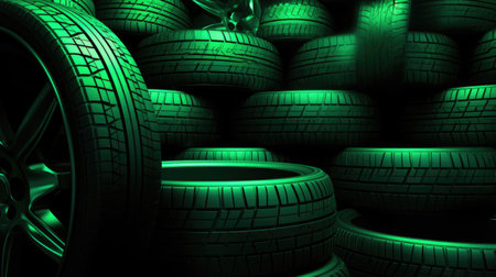 3d rendering of a set of car tires in green color backgroundの素材