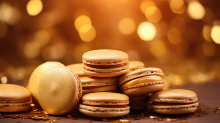 Macaroons on the background of a golden bokeh.の素材