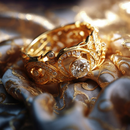 gold wedding rings on a background of golden satin close-upの素材