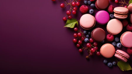 Colorful macaroons and berries on a dark purple background.の素材