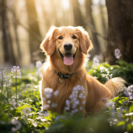 Golden Retriever dog in the spring forest on a sunny dayの素材