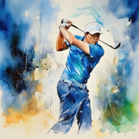 Watercolor painting of a golfer in action on the golf course.の素材