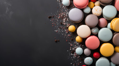 Colorful macaroons on black background. Top view with copy spaceの素材