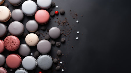 Colorful macaroons on black background. Top view, copy spaceの素材