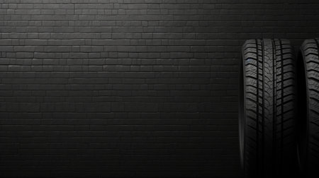 Car tires on a black brick wall background with copy space for textの素材