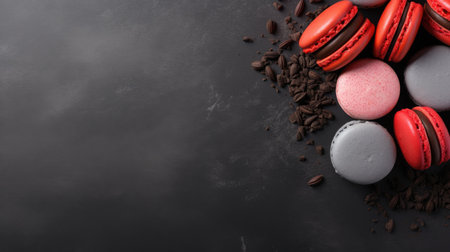 Colorful macaroons and coffee beans on black background. Top view with copy spaceの素材