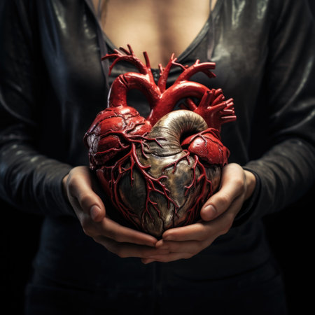 Human heart in the hands of a girl on a dark background.の素材
