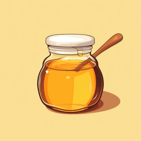 Honey in a glass jar with a wooden spoon. Vector illustration.の素材