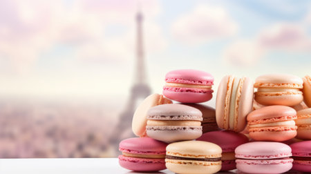Colorful macaroons on a background of the Eiffel towerの素材