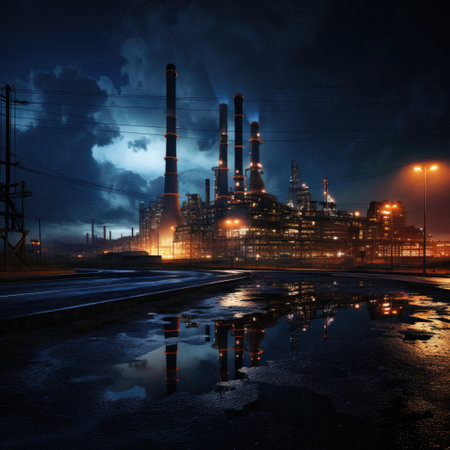 Power plant at night with reflection in the water. 3d renderの素材