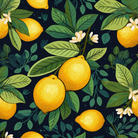 Seamless pattern with lemons and leaves. Vector illustration.の素材