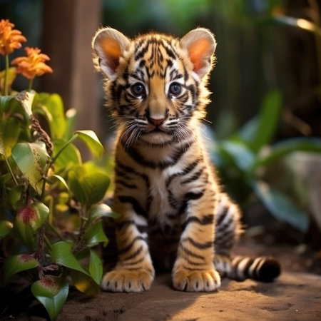 Cute little tiger cub sitting on the ground in the garden.の素材