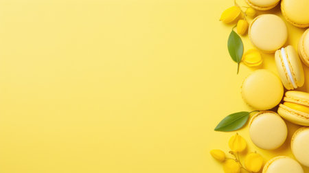 Yellow macaroons with yellow flowers and green leaves on yellow backgroundの素材